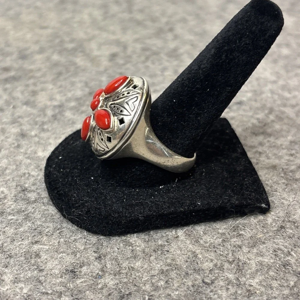 Jean Lin Red Coral Ring 925 Sterling ilver Floral Statement Size 7.5 13g
